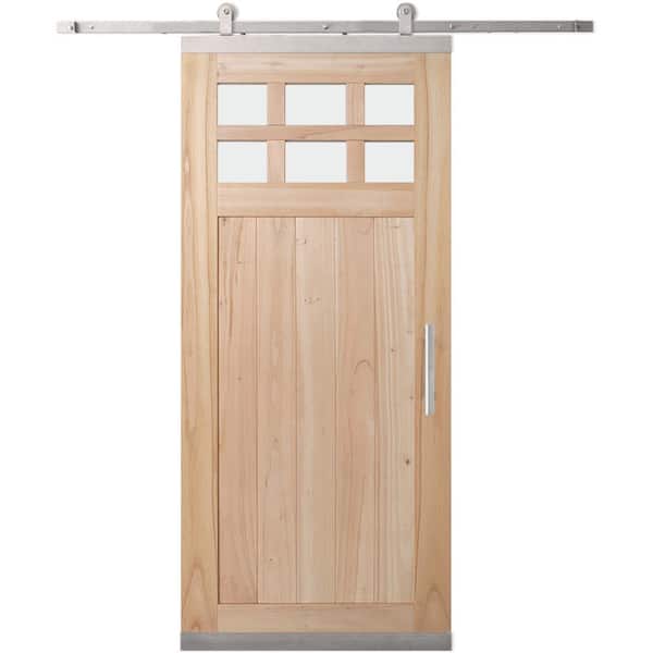 JELD-WEN 36 in. x 80 in. DesignGlide Farmhouse Unfinished Wood 6-Lite Obscure Glass Sliding Barn Door & Nickel Hardware Kit