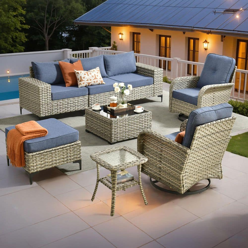 Pansy 8-Piece Outdoor Wicker Patio Conversation Set with Swivel Rocking Chairs and Denim Blue Cushions price history on PriceWatchPro