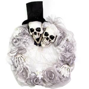 17 in. White-Red Prelit Bride and Groom Skull Halloween Wreath Decoration, Battery Operated
