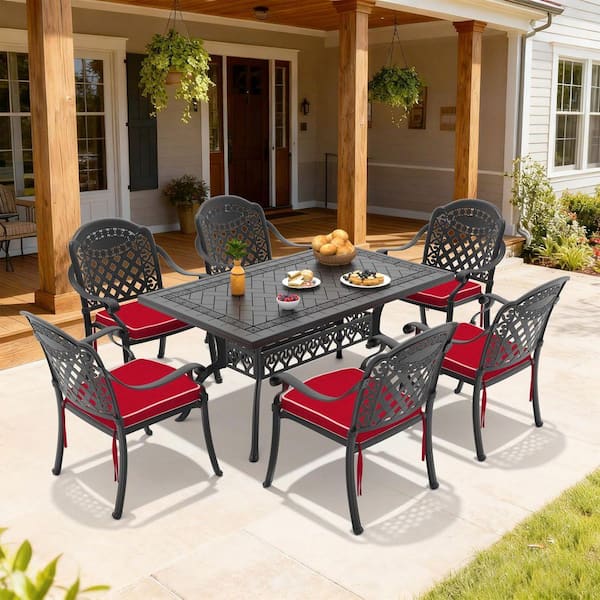 Black 7-Piece Rust-Free Cast Aluminum Outdoor Dining Set with Rectangular Table, 6 Dining Chairs and Red Cushions