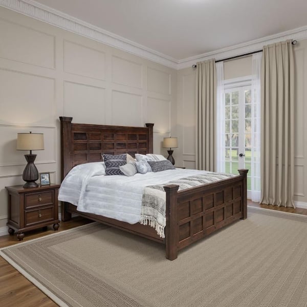 Benjara Exo Deep Brown and Black Wood Frame Queen Size Panel Bed with Solid Pine Wood