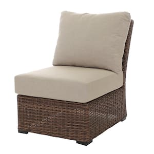 Alder Brown Stationary Armless Wicker Outdoor Lounge Chair with Sunbrella Cast Ash Cushions
