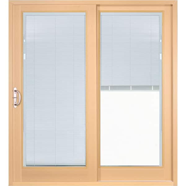 72 in. x 80 in. Woodgrain Interior and Smooth White Exterior Right-Hand Composite Sliding Patio Door, Built in Blinds