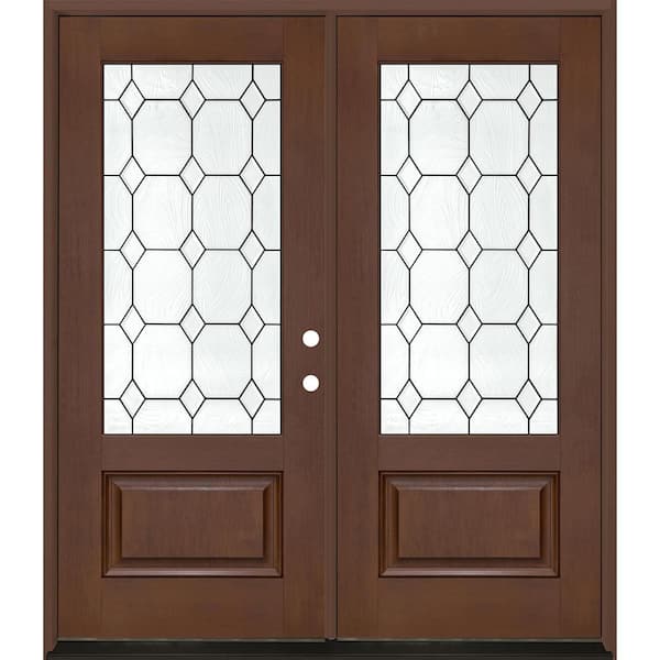 Regency 72 in. x 80 in. 3/4L Marquise Glass LHIS Chestnut Stain Fiberglass Double Prehung Front Door with 6-9/16 Jamb