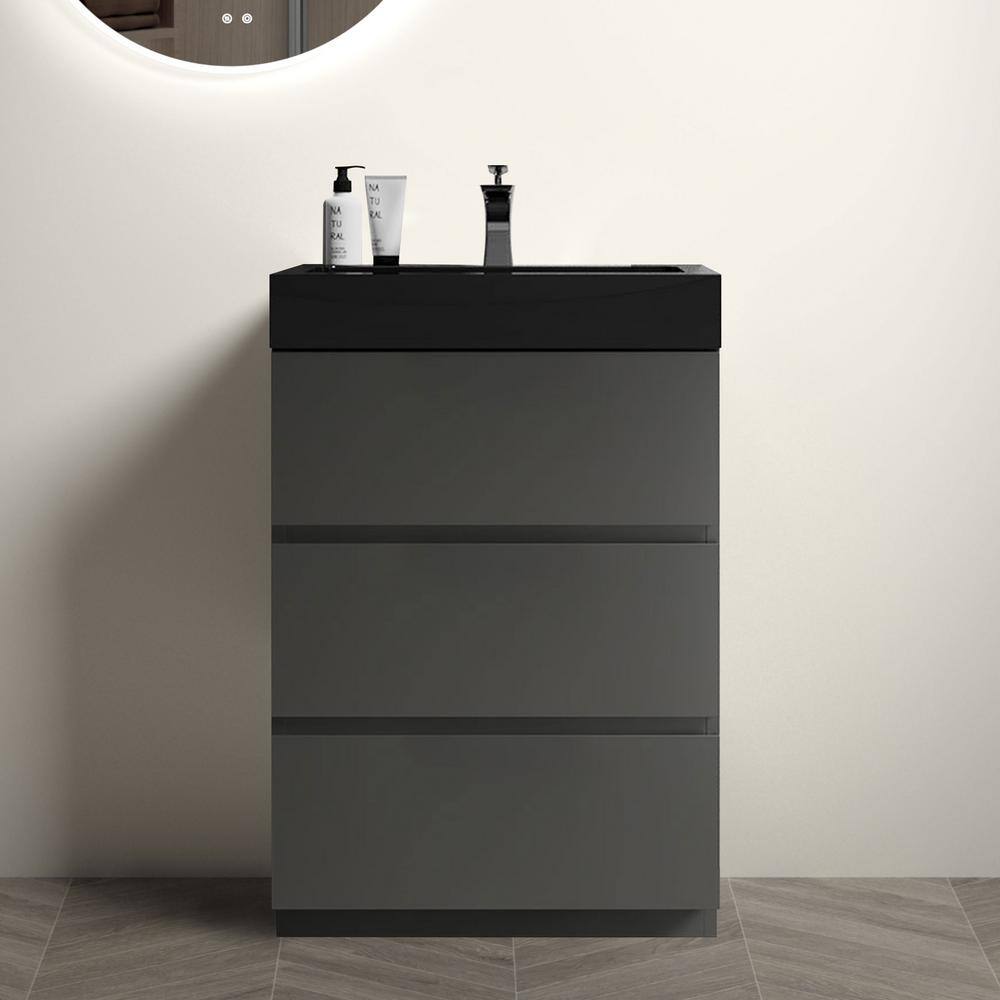 24 in. Single Sink Freestanding Gray Bath Vanity with Black Solid Surface Top Unassembled without Drain and Faucet price history on PriceWatchPro