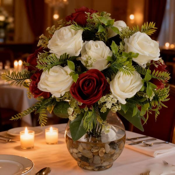 Meideli Artificial Roses In Vase - Faux Flower Arrangement, White & Red, 10.63 Inches - View #3