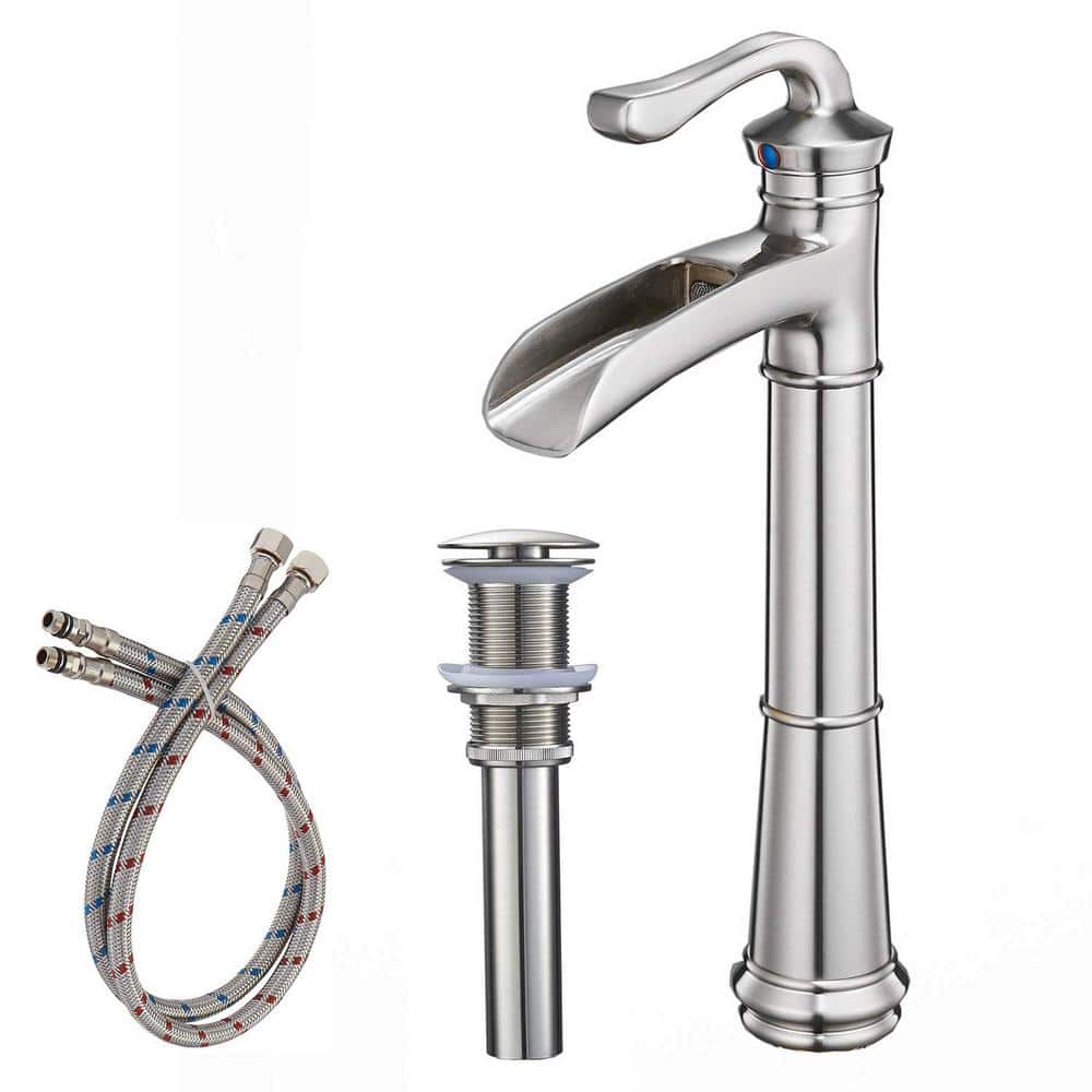 Vessel Sink Faucet Brushed Nickel Tall Waterfall Single Handle 1-Hole Bathr