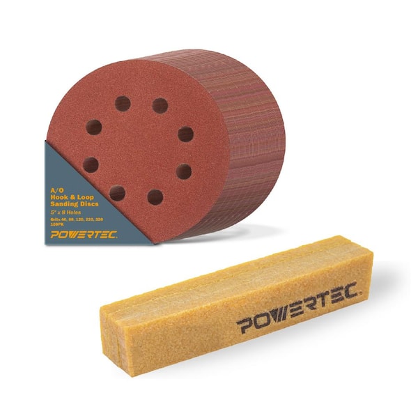 ‎POWERTEC 5 in. 8-Hole Hook and Loop Sanding Discs 40/80/120/220/320 Grit Assortment (100PK) with Abrasive Cleaning Stick