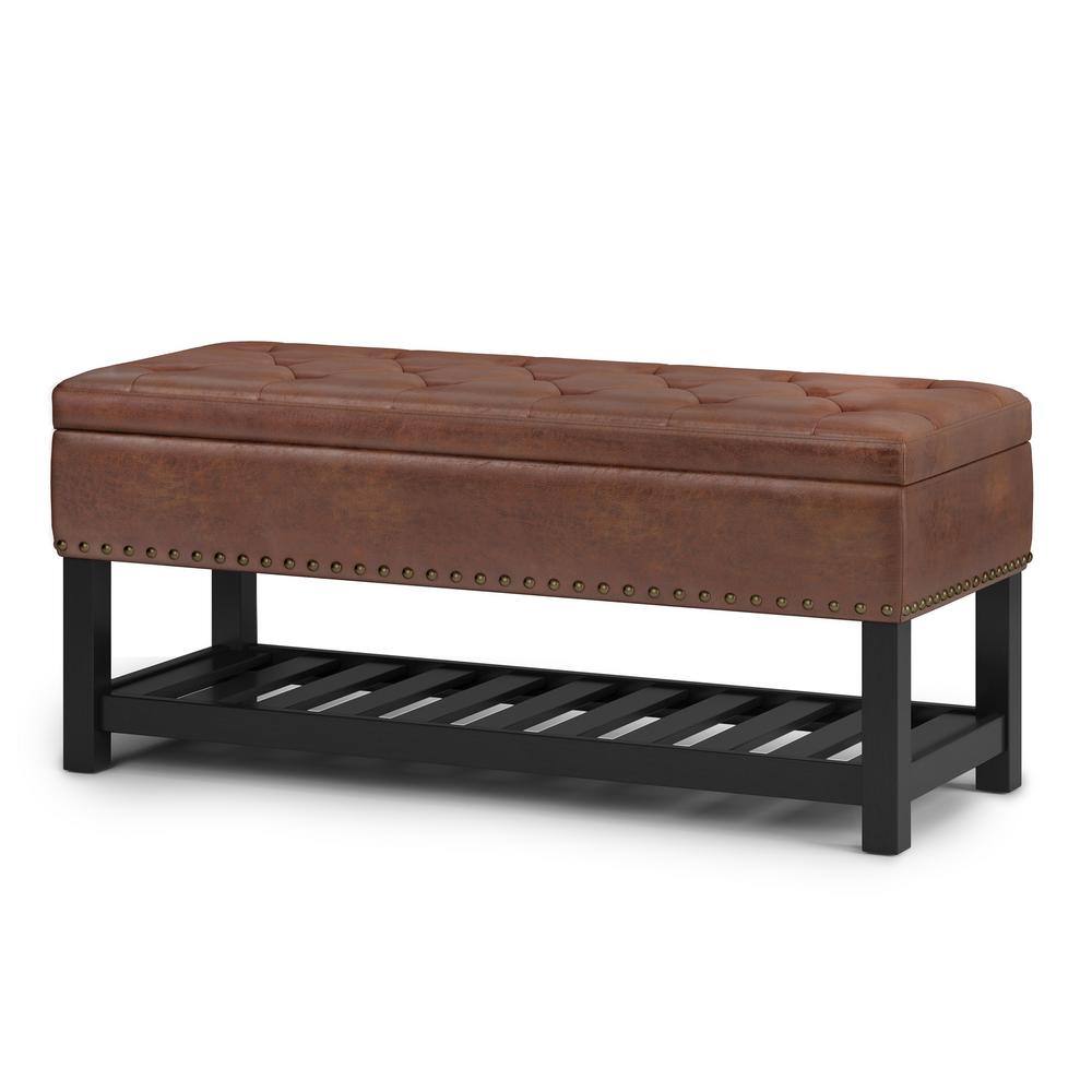 Distressed Saddle Brown Tufted Faux Leather Storage Bench