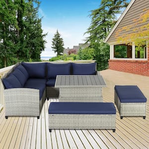 6-Piece Gray Wicker Outdoor Sectional Set, Rattan Outdoor Patio Set with Blue Cushions, Benches and Elevating Table