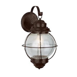 Catalina 15 in. 1-Light Rustic Bronze Outdoor Wall Light Fixture with Seeded Glass