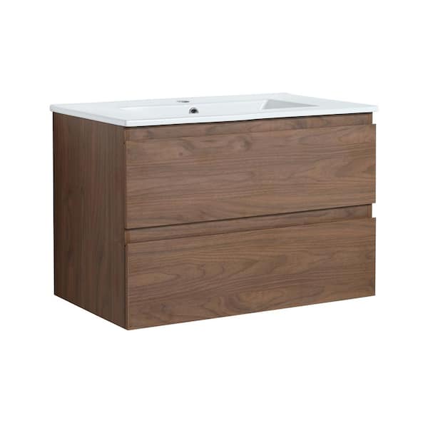 ANTFURN 18.30 in. W x 30.00 in. D x 20.50 in. H Floating Bath Vanity in Brown Oak with White Ceramic Top