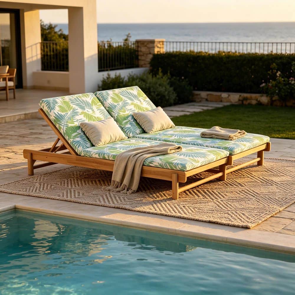 Trista Light Teak Finish Solid Wood Adjustable Patio Outdoor Double Chaise Lounges with Green Leaf Cushions