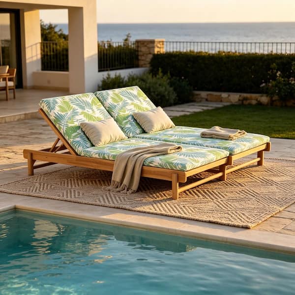 Trista Light Teak Finish Solid Wood Adjustable Patio Outdoor Double Chaise Lounges with Green Leaf Cushions