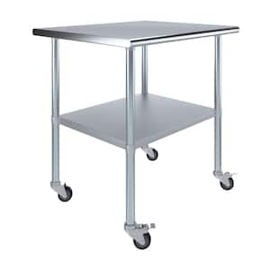 30 in. x 36 in. Stainless Steel Work Table with Casters : Mobile Metal Kitchen Utility Table with Bottom Shelf