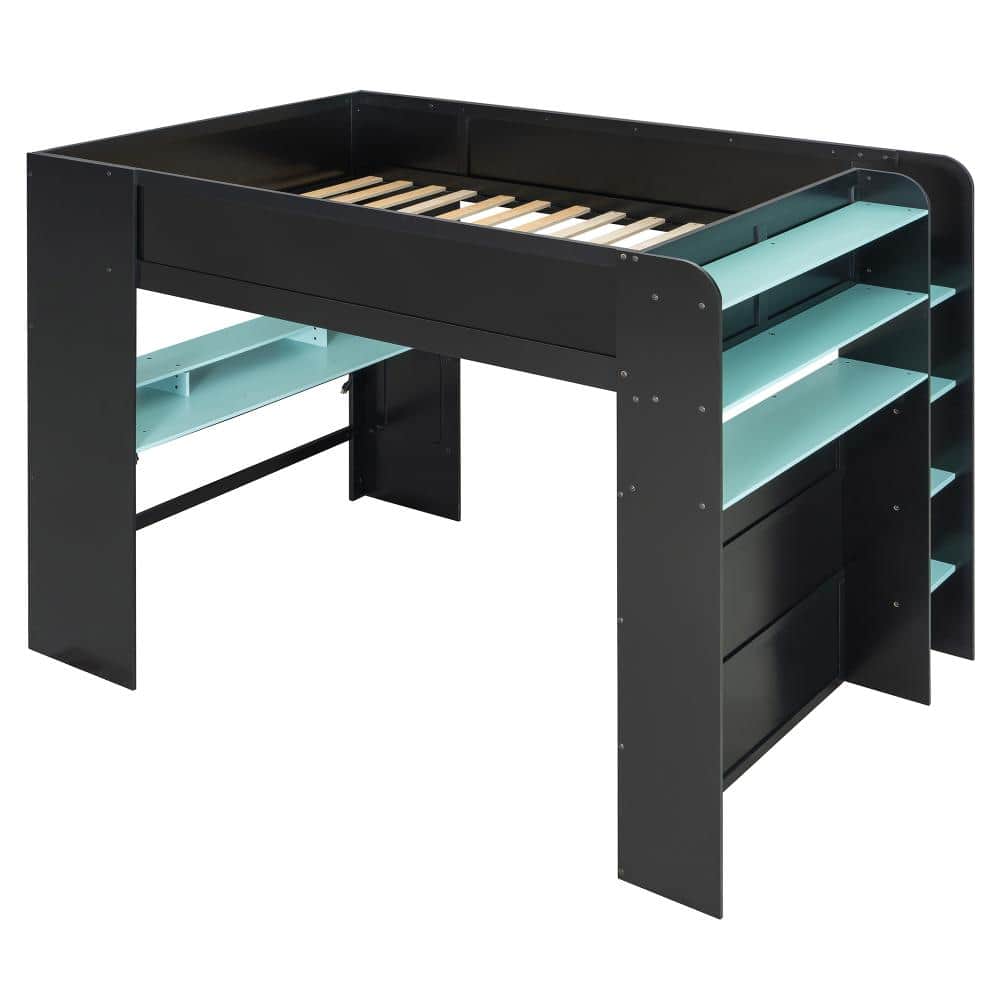 Blue Full Size Loft Bed with Height-Adjustable Desk, Wardrobe, Shelves, Light price history on PriceWatchPro