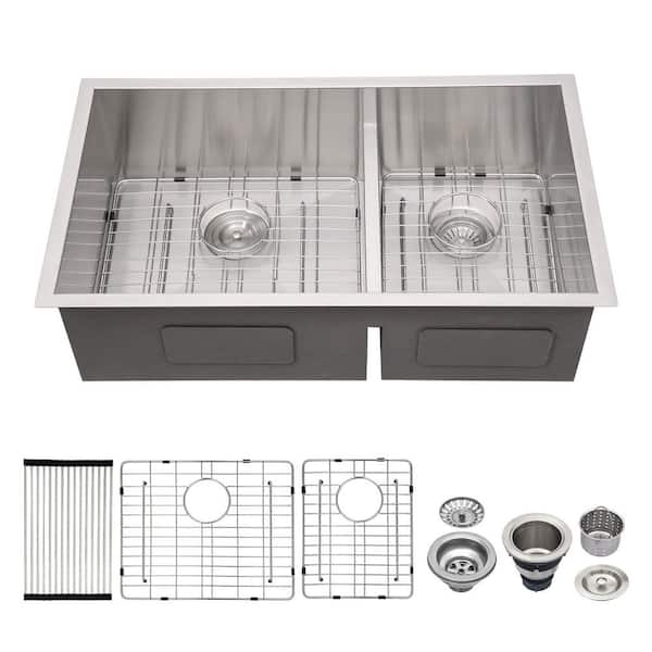 33 in. Undermount Double Bowl (60/40) 16-Gauge Brushed Nickel Stainless Steel Kitchen Sink with Bottom Grids