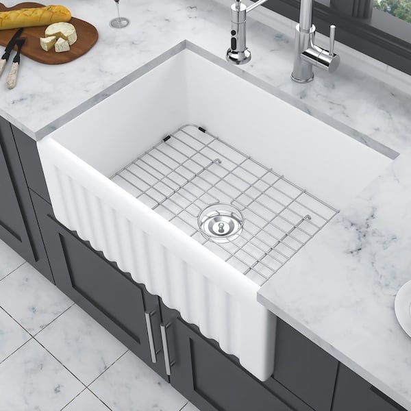 24 in. Farmhouse Single Bowl White Ceramic Kitchen Sink with Bottom Grids
