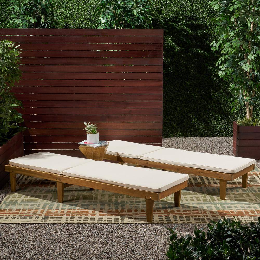Teak and Cream Acacia Wood Chaise Lounge Set with Cushions