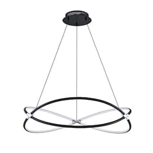 Hoop 6-Light Black and Chrome, White Statement Integrated LED Pendant Light with White Metal, Acrylic Shade