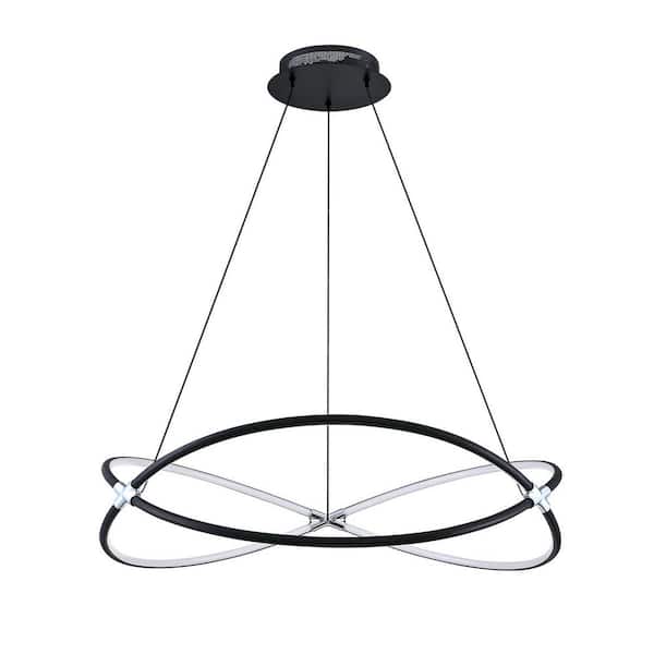 Kendal Lighting Hoop 6-Light Black and Chrome, White Statement Integrated LED Pendant Light with White Metal, Acrylic Shade