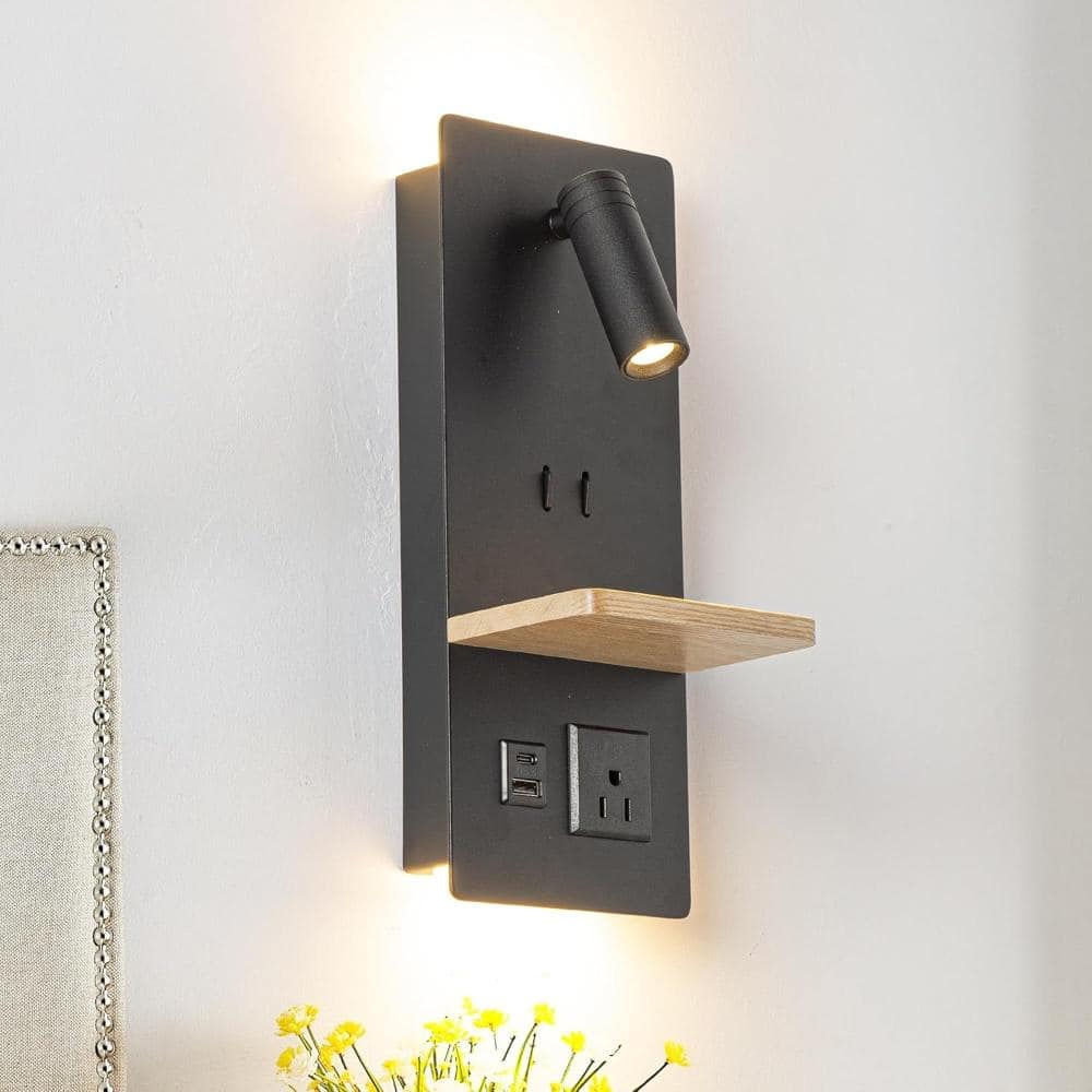 Modern Black LED Wall Sconce with Adjustable Reading Light, Wood Shelf, USB-C, USB and Outlet price history on PriceWatchPro