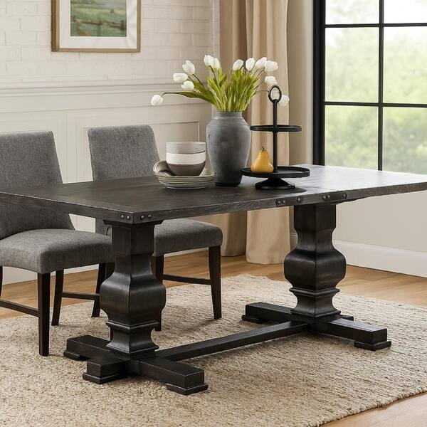 Benjara Black Wood Rectangle 40 in. Trestle Base Dining Table Seats 4