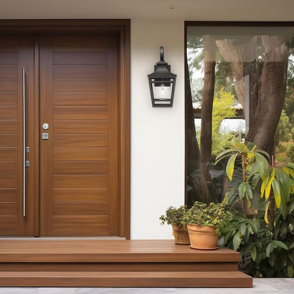Light Pro 16.5 in. Black Not Motion Sensing Outdoor Hardwired Wall Lantern Sconce with Clear Glass No Bulbs Included