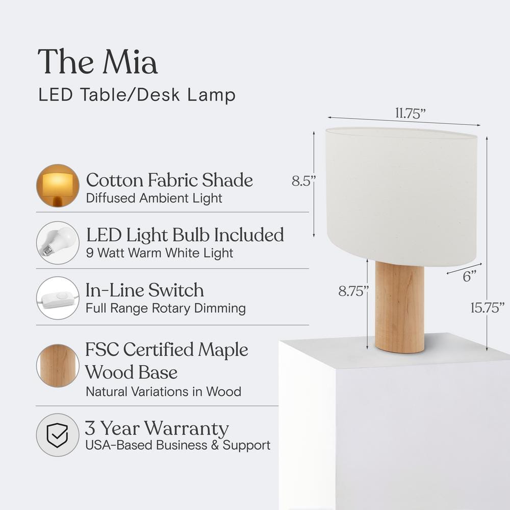 Mia 15.75" White LED Table Lamp with Maple Wood Base