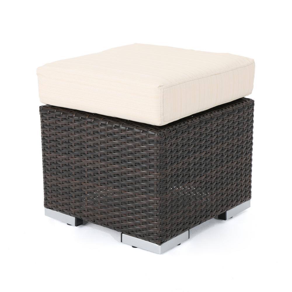 Medium Brown Wicker Outdoor Ottoman with Beige Cushion SANTA - The Home Depot