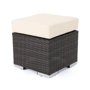 Medium Brown Wicker Outdoor Ottoman with Beige Cushion