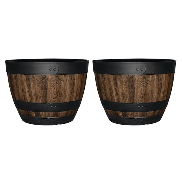 Reedley Medium Kentucky Walnut Brown Resin Wine Barrel Lightweight Planter (16 in. L x 16 in. W x 11.5 in. H) (2-Pack)