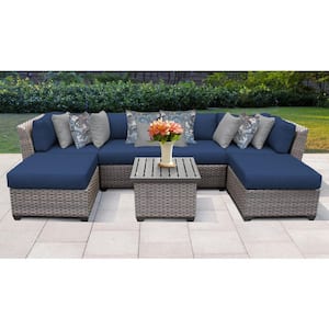 Florence 7-Piece Wicker Outdoor Sectional Seating Group with Navy Blue Cushions