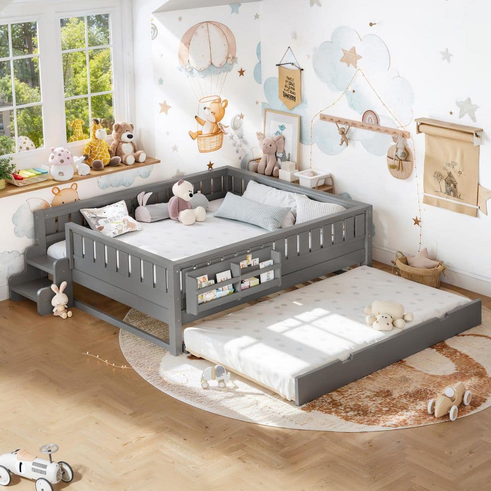 Gray Wood Frame Queen Size Platform Bed with Trundle, Bookshelves, Small staircase
