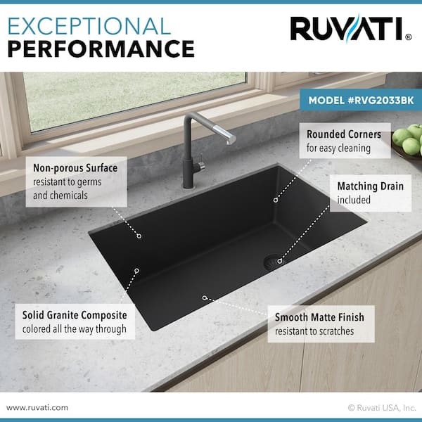 Ruvati - EpiGranite 32 in. Undermount Single Bowl Kitchen Sink in Midnight Black Granite Quartz Composite with Offset Drain