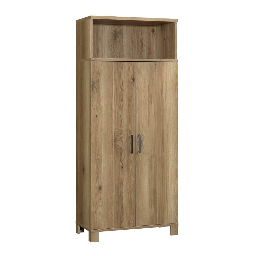 Timber Oak Storage Cabinet with Adjustable Shelving and Black Hardware
