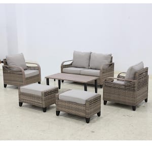 6-Piece Brown Wicker Outdoor Patio Conversation Set Loveseat, Ottomans, Gray Cushions and Wood Grain Top Coffee Table