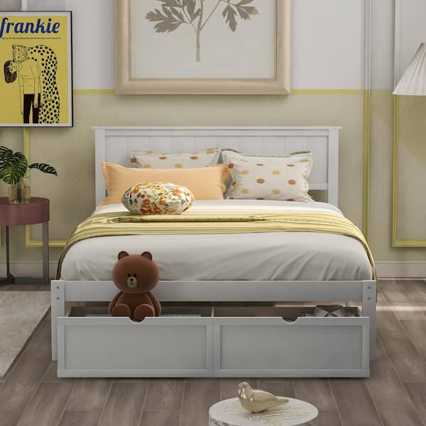 ANBAZAR White Wood Full Size Bed Frame with Headboard, Full Bed Frame with Storage Drawers, Platform Bed Frame Full Size