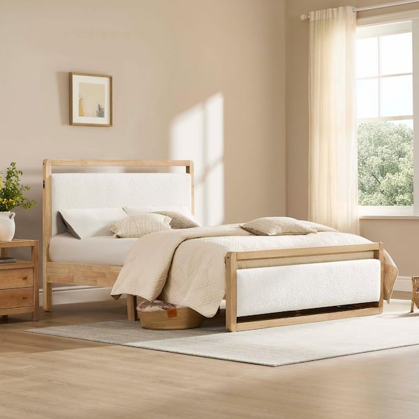 Liam White Wood Frame Queen Platform Bed Frame with USB Charging Port, Upholstered Headboard 16 Wooden Slats for Bedroom