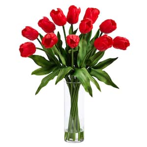 23 in. Red Artificial Tulip Floral Arrangement with Cylinder Glass Vase