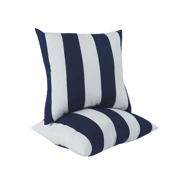 18. in Square Outdoor /Indoor Throw Pillows with Inserts White and Dark Navy Blue Stripe (2-Pack)