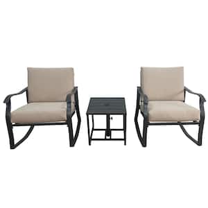 3-Piece Black Metal Frame Outdoor Bistro Set 2 Rocking Chairs with Beige Cushions
