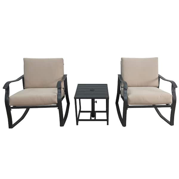 Unbranded 3-Piece Black Metal Frame Outdoor Bistro Set 2 Rocking Chairs with Beige Cushions