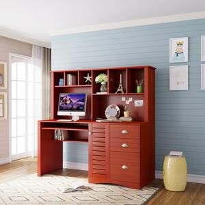 59 in. Retangular Red Wood 3-Drawer Computer Desk with Shelves