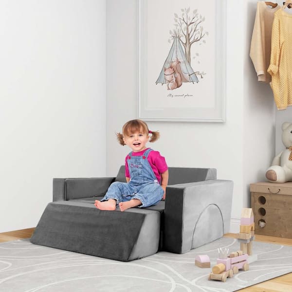 Gray Synthetic Suede Kids Modular Play Sofa with Detachable Cover for Playroom and Bedroom Indoor (Set of 8)