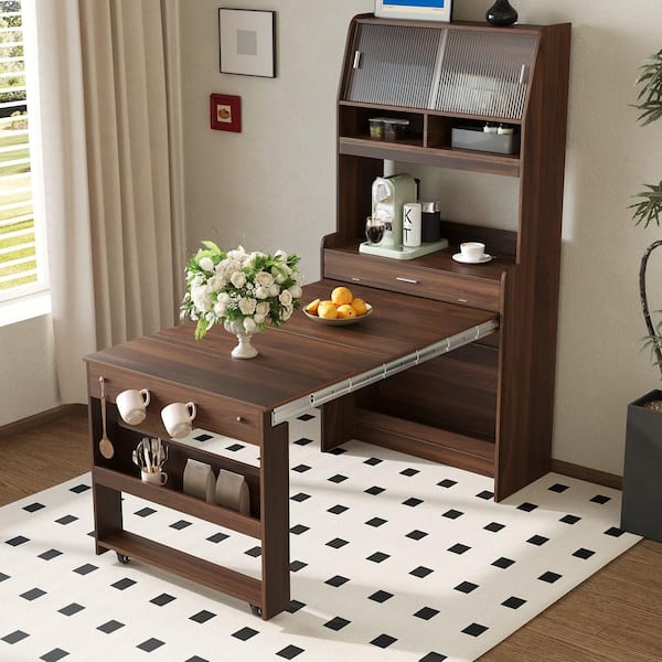 Walnut Wood Folding Double Pedestal Dining Table Seats 6 with Storage Cupboard, Shelves, Side Hooks, Glass Doors