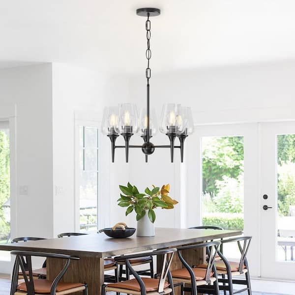 Sunpez 21 in. W, 5-Light Black Chandelier Modern Fixture Adjustable Height Pendant Light, E26, No Bulbs Included