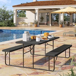 6 ft. Rectangular HDPE Picnic Table Bench Set with Stable Steel Frame and Wooden Texture Tabletop, Black