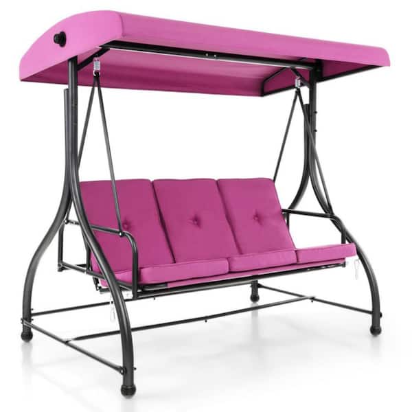 Kadehome 3-Person Outdoor Metal Porch Swing with Adjustable Canopy and Wine Cushions