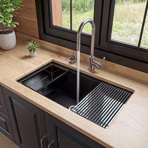 34 in. Undermount Single Bowl Granite Composite Kitchen Sink in Black